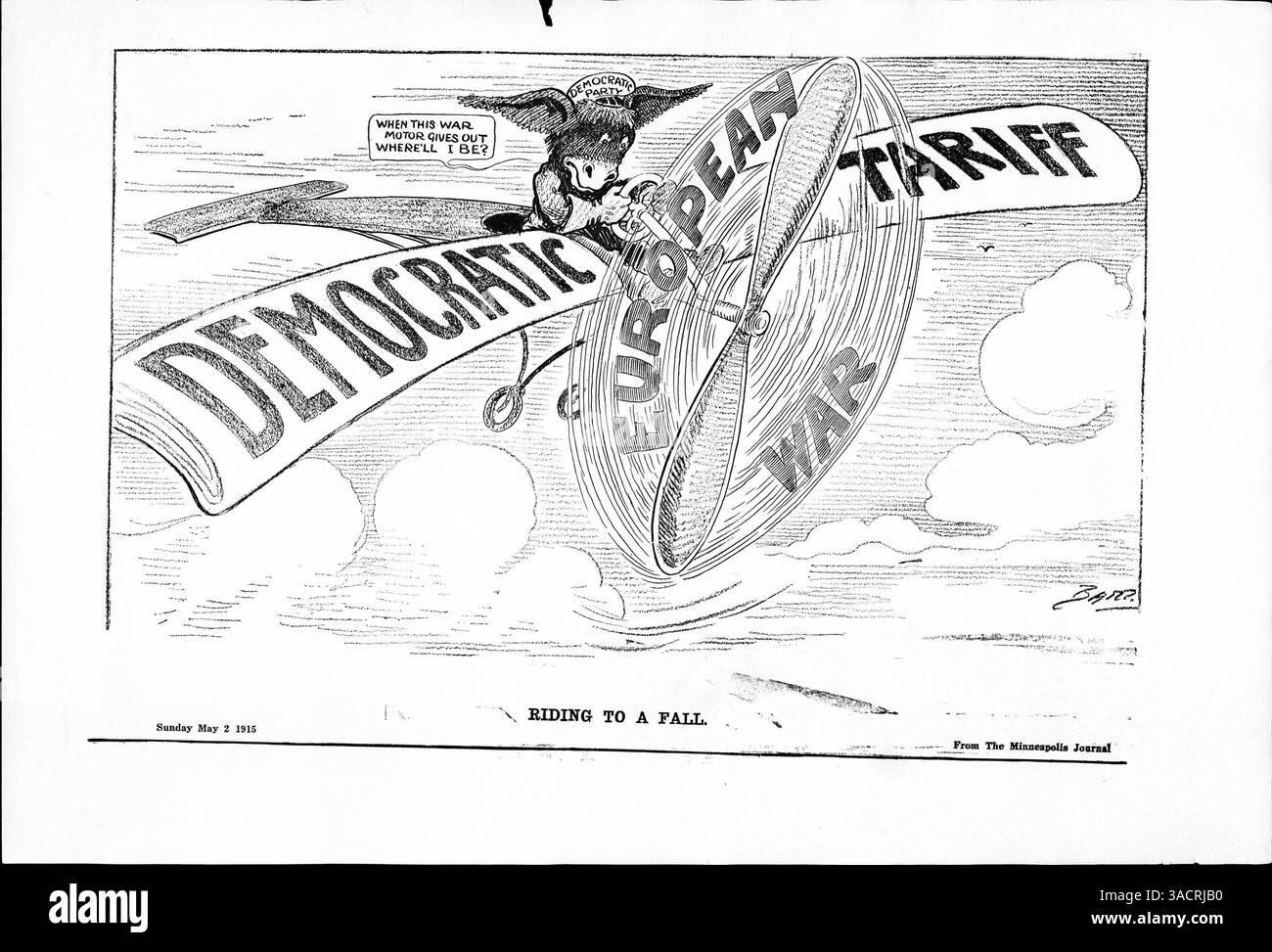 Questa illustrazione raffigura l'asino democratico che vola su un aereo etichettato "tariffa democratica", con un'elica che recita "guerra europea". Fa riferimento alle preoccupazioni che il successo delle tariffe statunitensi fosse legato alla prima guerra mondiale e vacillerebbe dopo la fine della guerra Foto Stock