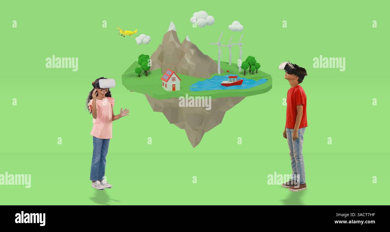 A scuola, i bambini che indossano occhiali VR esplorano l'avventura digitale in classe Foto Stock