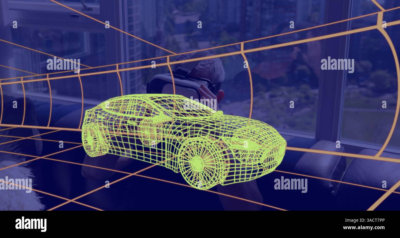 Immagine del disegno tecnico 3d dell'auto, sopra l'uomo a casa che indossa il visore vr Foto Stock