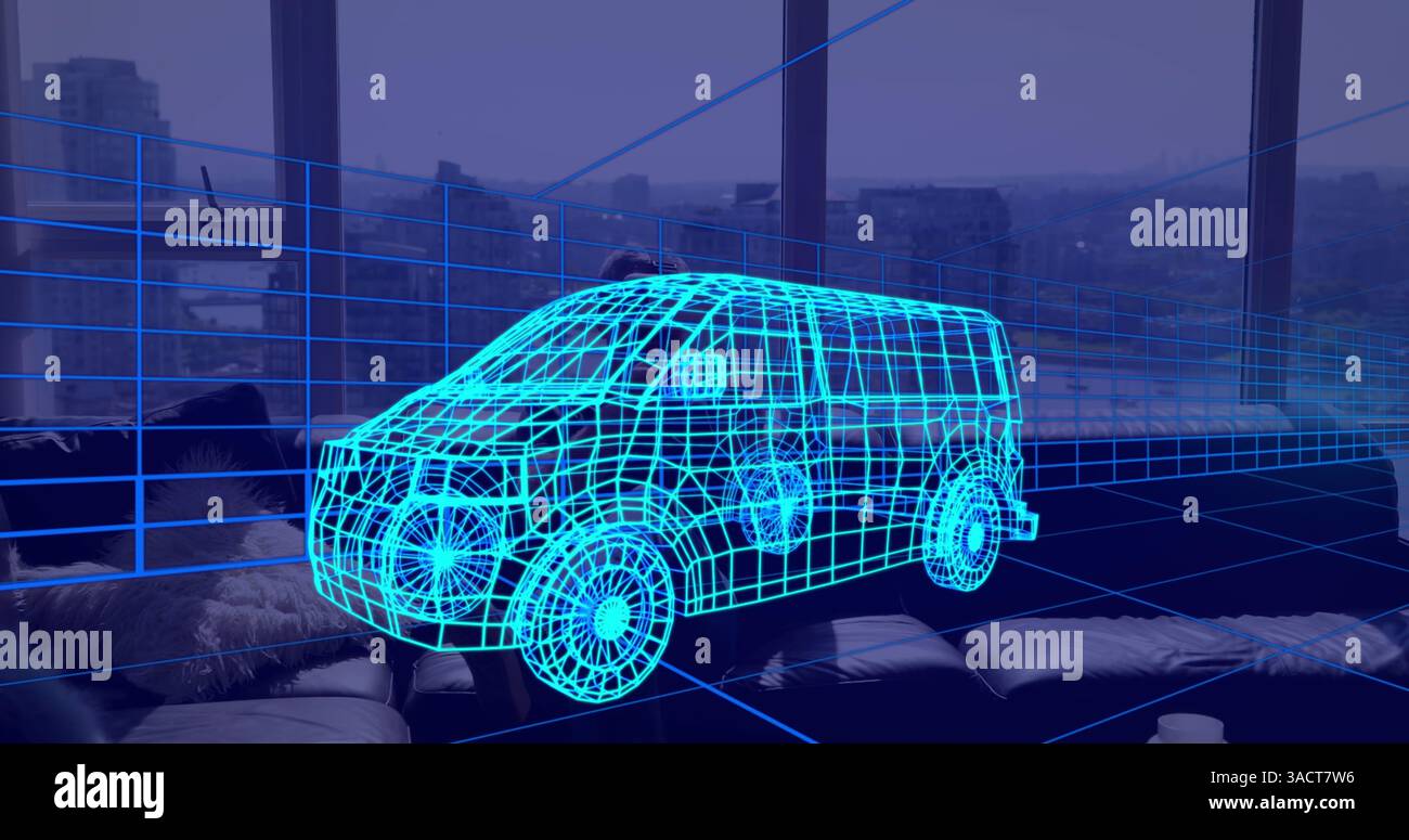 Immagine del disegno tecnico 3d di un furgone, sopra l'uomo a casa che indossa il visore vr Foto Stock