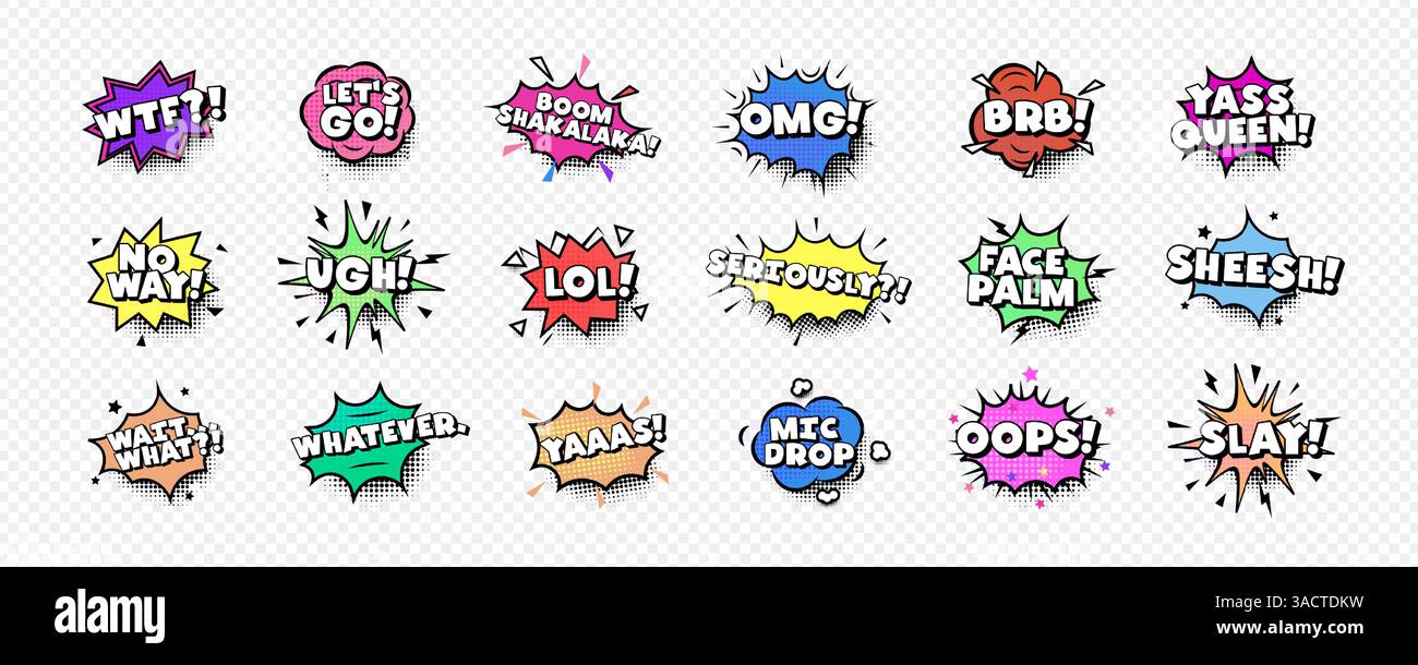 Serie di fumetti con frasi alla moda come OMG, WTF, LOL, SLACK, YAAAS, evoca umorismo, cultura pop, divertimento. Ottimo per meme, adesivi, pop art Illustrazione Vettoriale