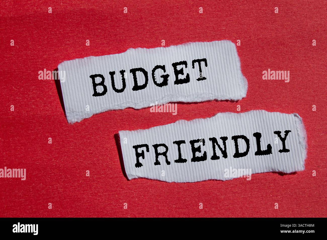 Messaggio economico scritto su frammenti di carta bianca strappati su sfondo rosso. Simbolo di budget concettuale. Copia spazio. Foto Stock