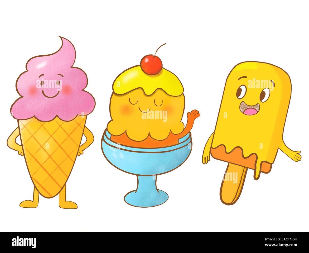 Simpatici personaggi del gelato a cartoni animati con volti sorridenti in un divertente tema estivo. Perfetto per i disegni dei bambini e le illustrazioni stagionali. Foto Stock
