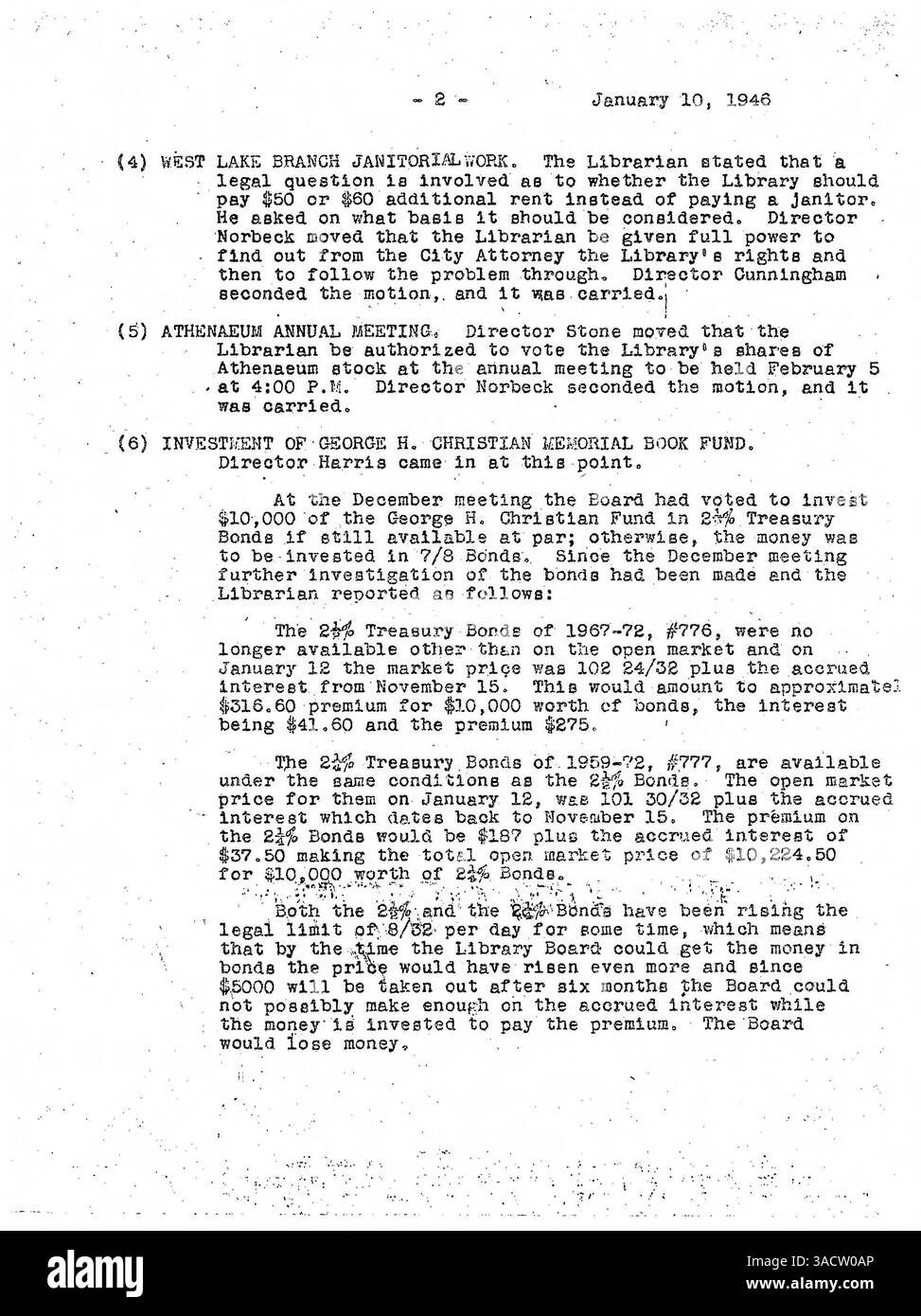 I verbali della riunione del Consiglio di amministrazione della Biblioteca pubblica di Minneapolis per il 1946 documentano le decisioni, le azioni e le discussioni che hanno avuto luogo durante l'anno. Il record fornisce informazioni sulla governance e il funzionamento del sistema di librerie durante questo periodo. Foto Stock