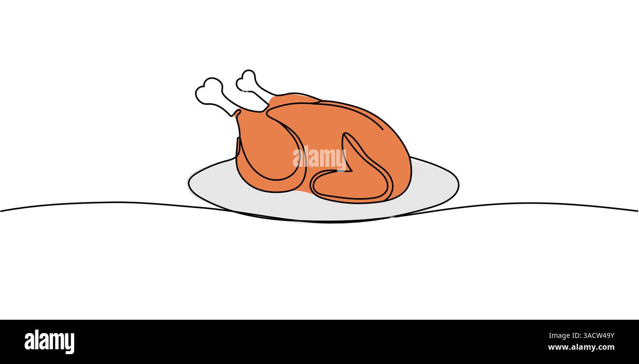 Arte a una linea di tacchino o pollo, carne di pollame fritta, disegno continuo dei contorni, cibo tradizionale disegnato a mano il giorno del Ringraziamento, piatto caldo contorno festivo de Illustrazione Vettoriale