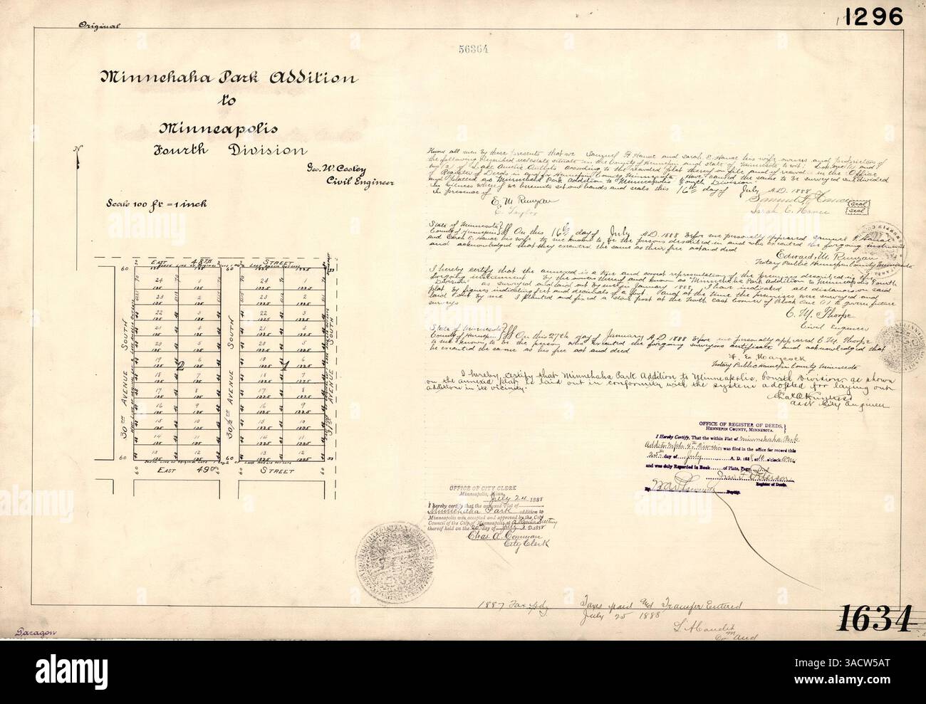 Questo documento descrive in dettaglio l'aggiunta del Minnehaha Park alla quarta divisione di Minneapolis, descrivendo la struttura e l'espansione del parco entro i confini della città. Foto Stock