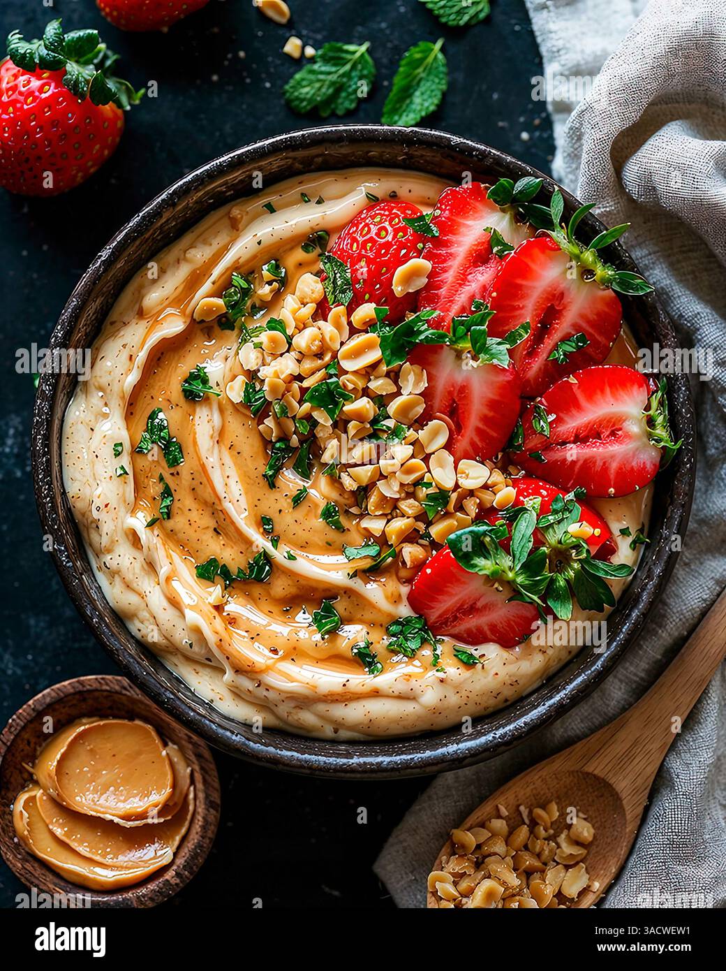Deliziosa ciotola di yogurt con fragole, noci e miele Foto Stock