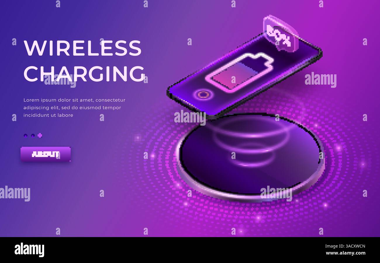 Concetto del vettore di ricarica wireless. Smartphone nero sul caricabatterie wireless. Caricabatterie per telefono senza cavo. Telefono cellulare isometrico e batteria icona. Progresso o Illustrazione Vettoriale