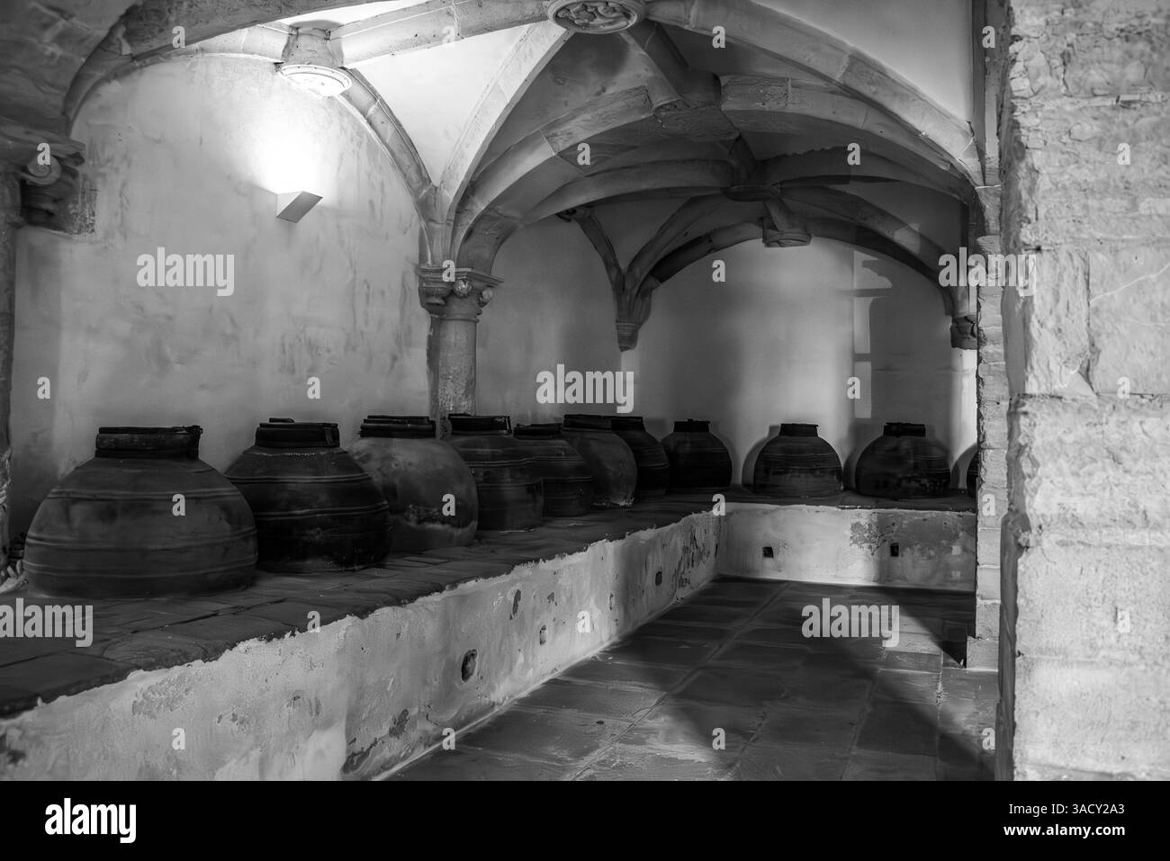 Tomar, Portogallo, Anfore antiche per lo stoccaggio dell'olio d'oliva in un magazzino del Convento di Cristo a Tomar, Portogallo Foto Stock