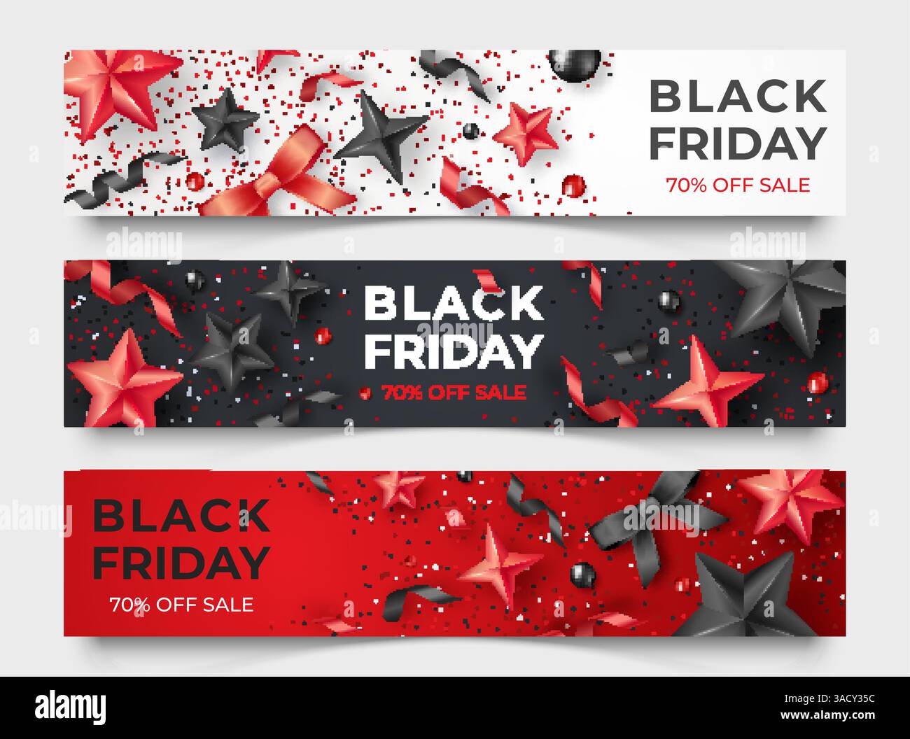 Tre striscioni orizzontali del Black friday con nastri realistici, stelle e palline colorate. Illustrazione vettoriale della carta festiva su sfondo rosso, bianco e nero Illustrazione Vettoriale