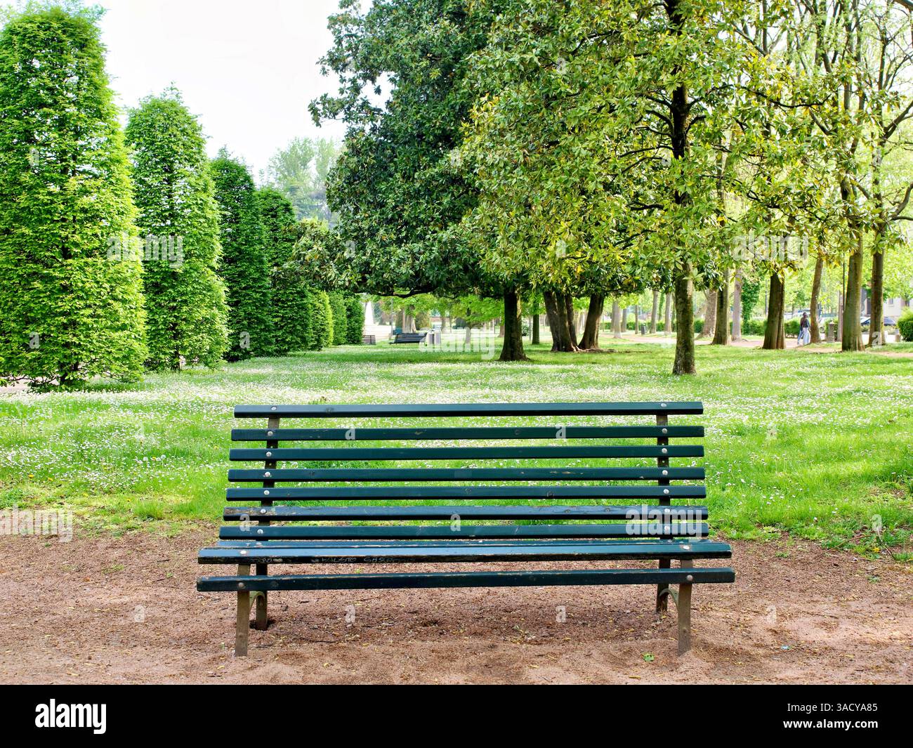 Italia, Lombardia, Mantova. Parco pubblico di Piazza Virgiliana. Panca in legno. Foto Stock