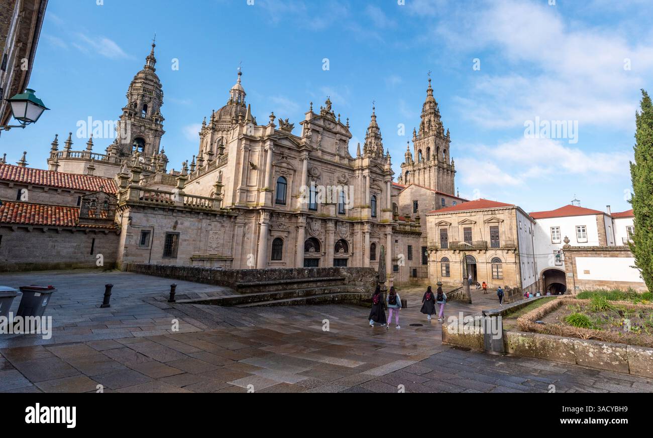 Ricca facciata settentrionale classica decorata della famosa cattedrale di pellegrinaggio Santiago de Compostela in Galizia, Spagna Foto Stock