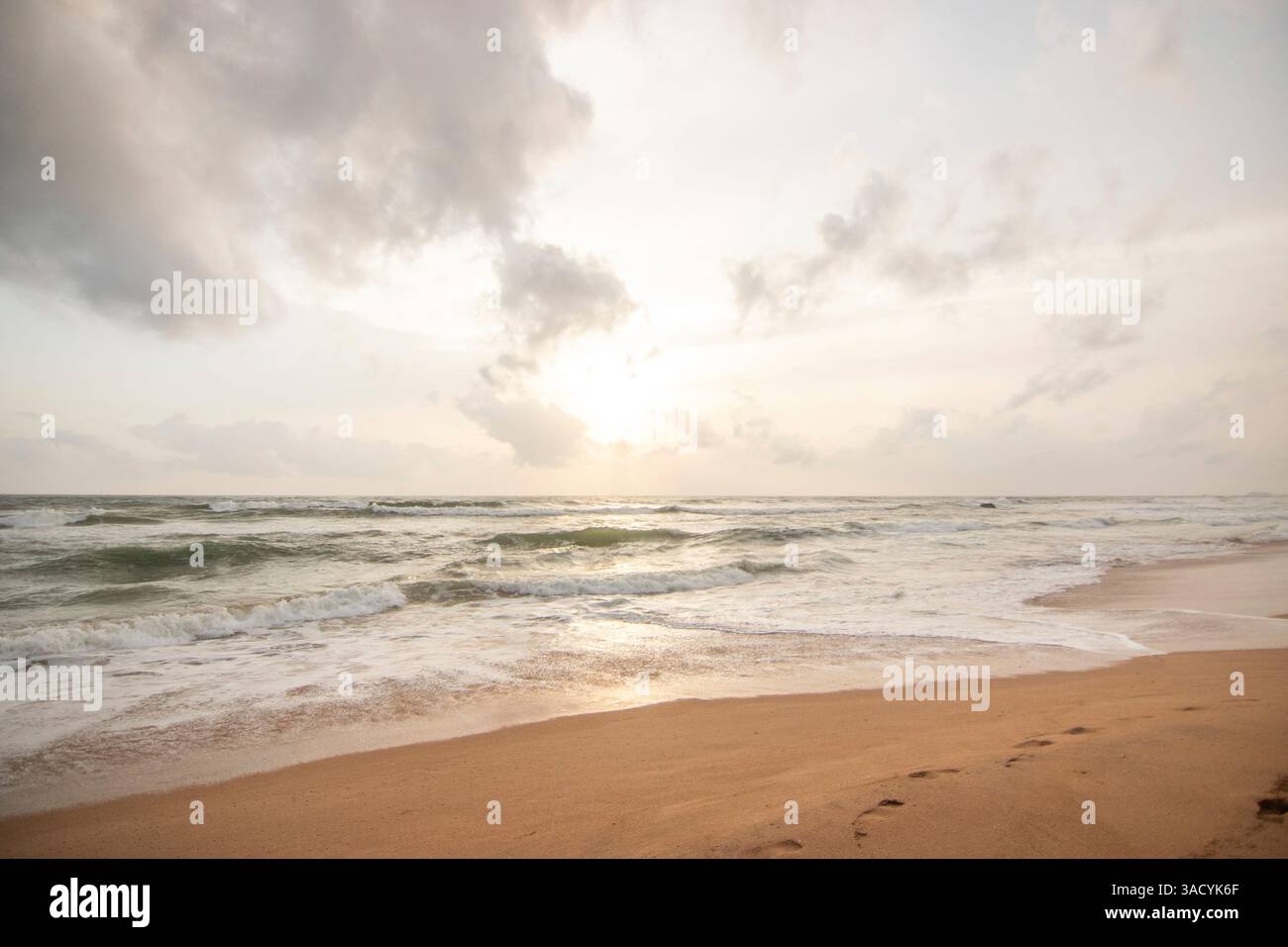 Paesaggio in riva al mare, lunga spiaggia deserta con vista sull'acqua fino all'orizzonte. Le onde di una tempesta si infrangono nella sabbia e danno un tocco speciale all'immagine al tramonto. Bentota, Sri Lanka, Asia Foto Stock