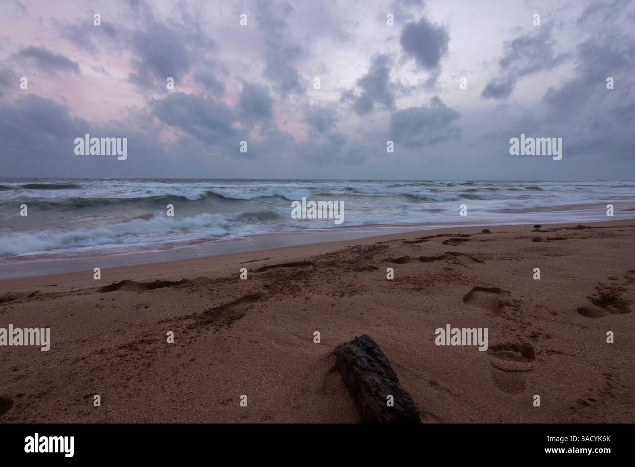 Paesaggio in riva al mare, lunga spiaggia deserta con vista sull'acqua fino all'orizzonte. Le onde di una tempesta si infrangono nella sabbia e danno un tocco speciale all'immagine al tramonto. Bentota, Sri Lanka, Asia Foto Stock
