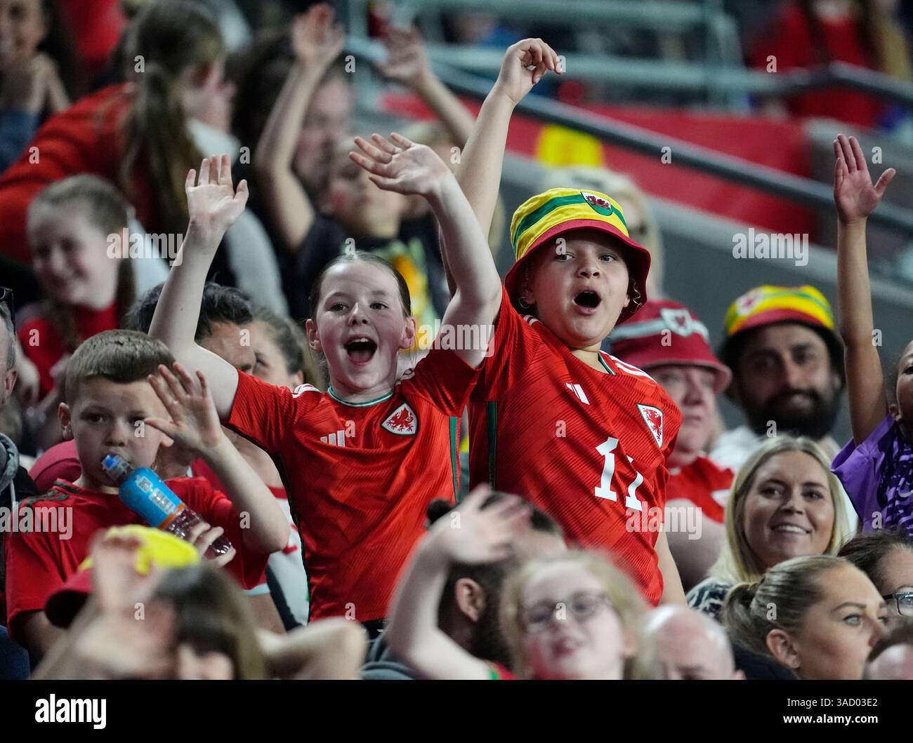 Tifosi gallesi durante la partita UEFA Women's Nations League, League A, gruppo A4 al Cardiff City Stadium. Data foto: Venerdì 4 aprile 2025. Foto Stock