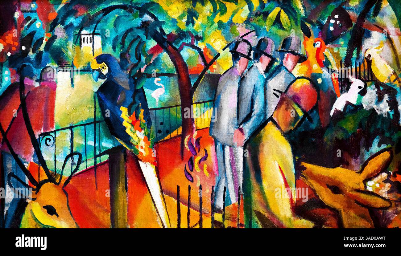 Giardino zoologico i (1912) di August Macke - Pittura espressionista tedesca di persone allo zoo, colorate opere d'arte di dominio pubblico, palmella modernista Foto Stock