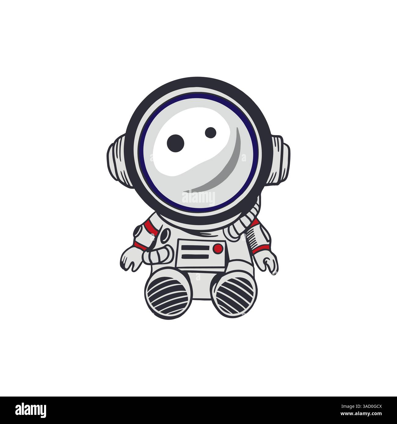 Cosmonauta seduto. Illustrazione vettoriale disegnata a mano. Per cartoline Cosmonautics Day, inviti, banner grandi, poster, copertine, giochi per bambini, adesivi. Illustrazione Vettoriale