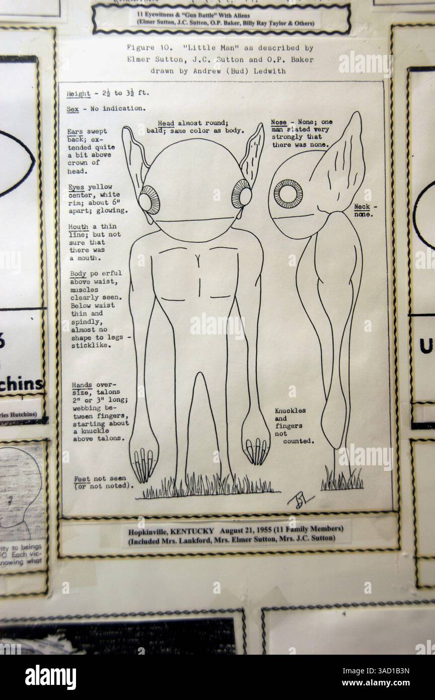 07 lug. 2007 - Roswell, New Mexico, USA - disegni di un alieno come descritto da testimoni oculari nel 1955 in mostra al UFO Museum and Research Center giovedì 5 luglio 2007 a Roswell, New Mexico. ..2007 segna il 60 ° anniversario dell'incidente di Roswell, la presunta scoperta di un disco volante schiantato 30 miglia a nord del centro di Roswell da parte del rancher W.W. ''Mac'' Brazel e il presunto ''insabbiamento''' dell'esercito degli Stati Uniti, che ha ufficialmente etichettato i resti nel sito dell'incidente ''un pallone meteorologico top secret''. ..il festival Roswell, con una serie di elementi che attraggono il turista e t Foto Stock