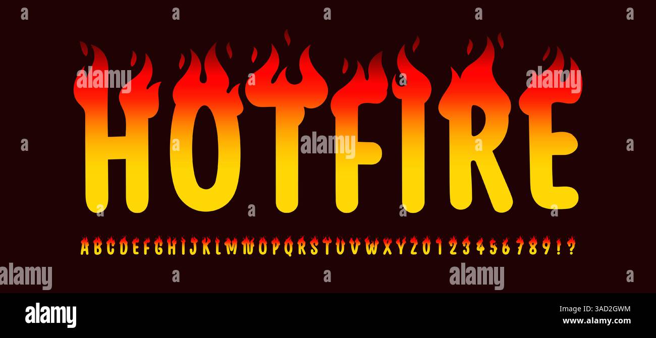 Carattere caldo ardente con effetti fiammeggianti e lettere sfumatura grassetto, alfabeto fiammeggiante per poster rock, Halloween, eventi a tema fuoco ed Extreme Illustrazione Vettoriale