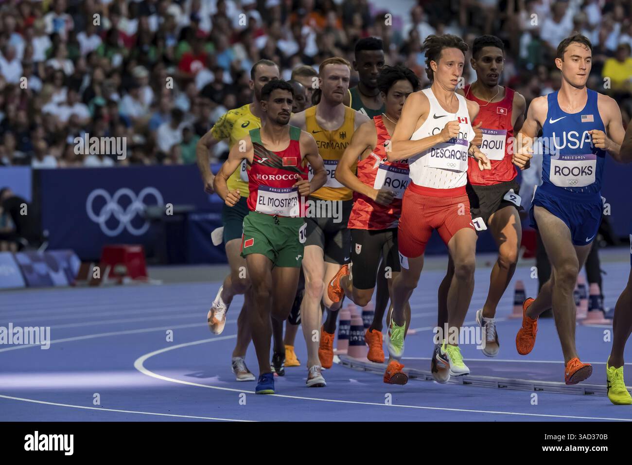 Il FAID EL MOSTAFA (Mar) del Marocco, partecipa al primo turno Steeplechase maschile di 3000 m allo Stade de France durante le Olimpiadi estive di Parigi del 2024 Foto Stock