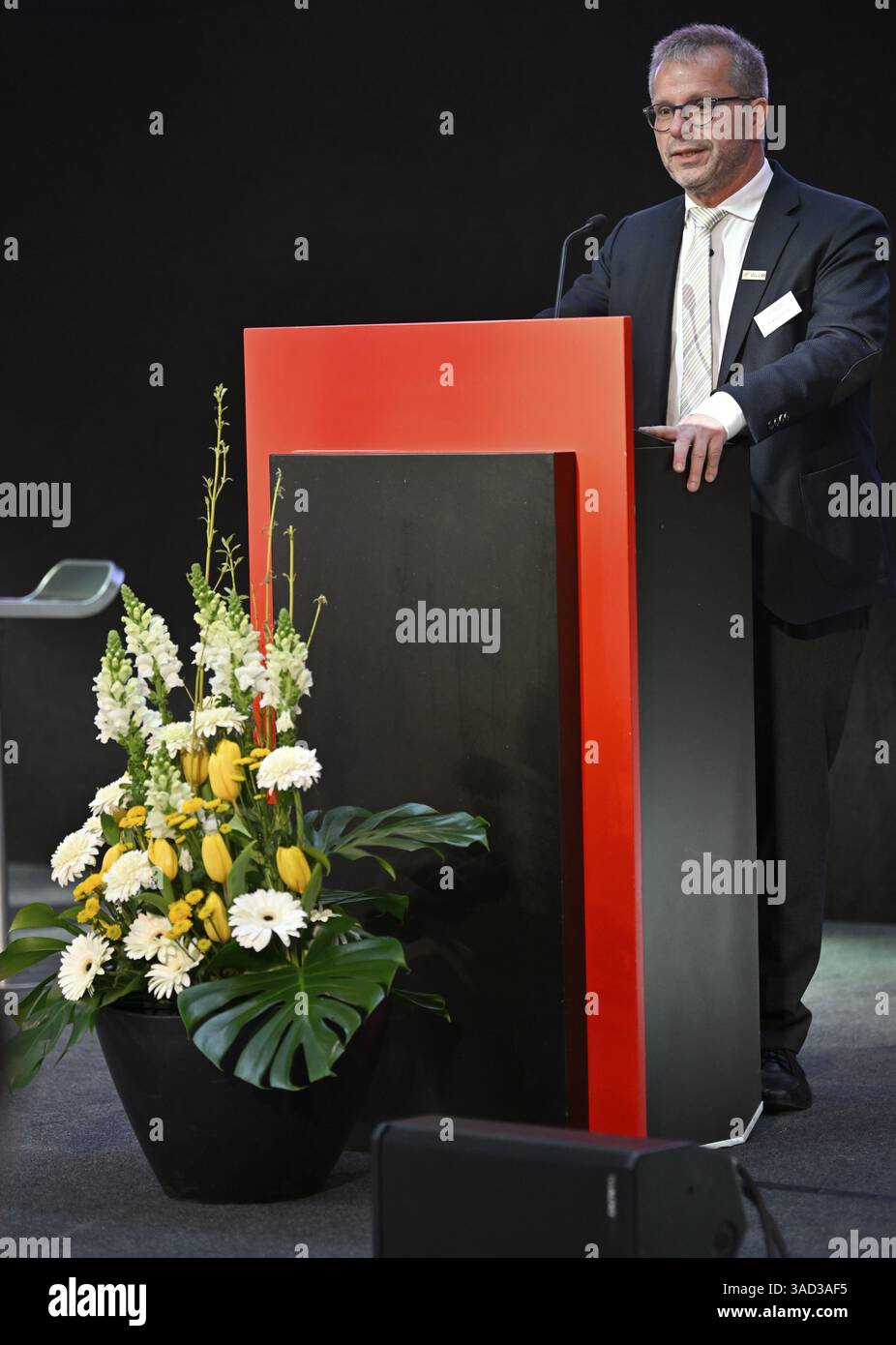 Il presidente Andreas Felchle WLSB, Wuerttembergischer Landessportbund e.V. presso il leggio Sport, Haus des Sports, Stoccarda, Baden-Wuerttemberg, Germania Foto Stock