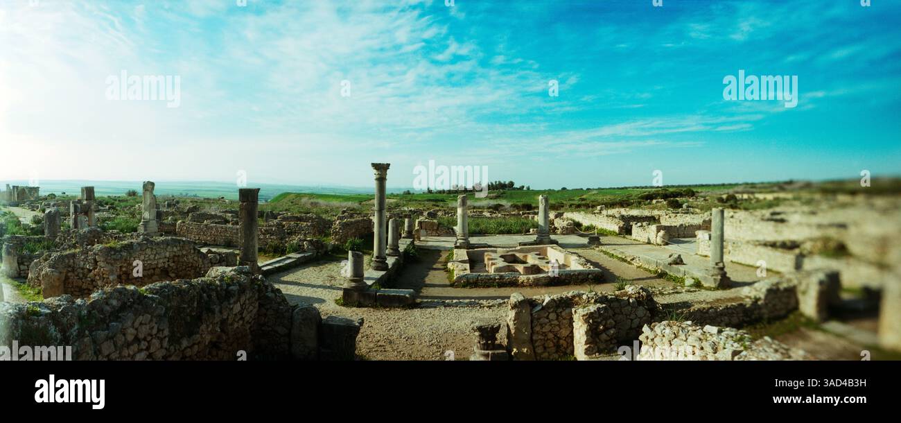 Vista panoramica delle antiche rovine romane di un sito archeologico, Volubilis, Marocco Foto Stock