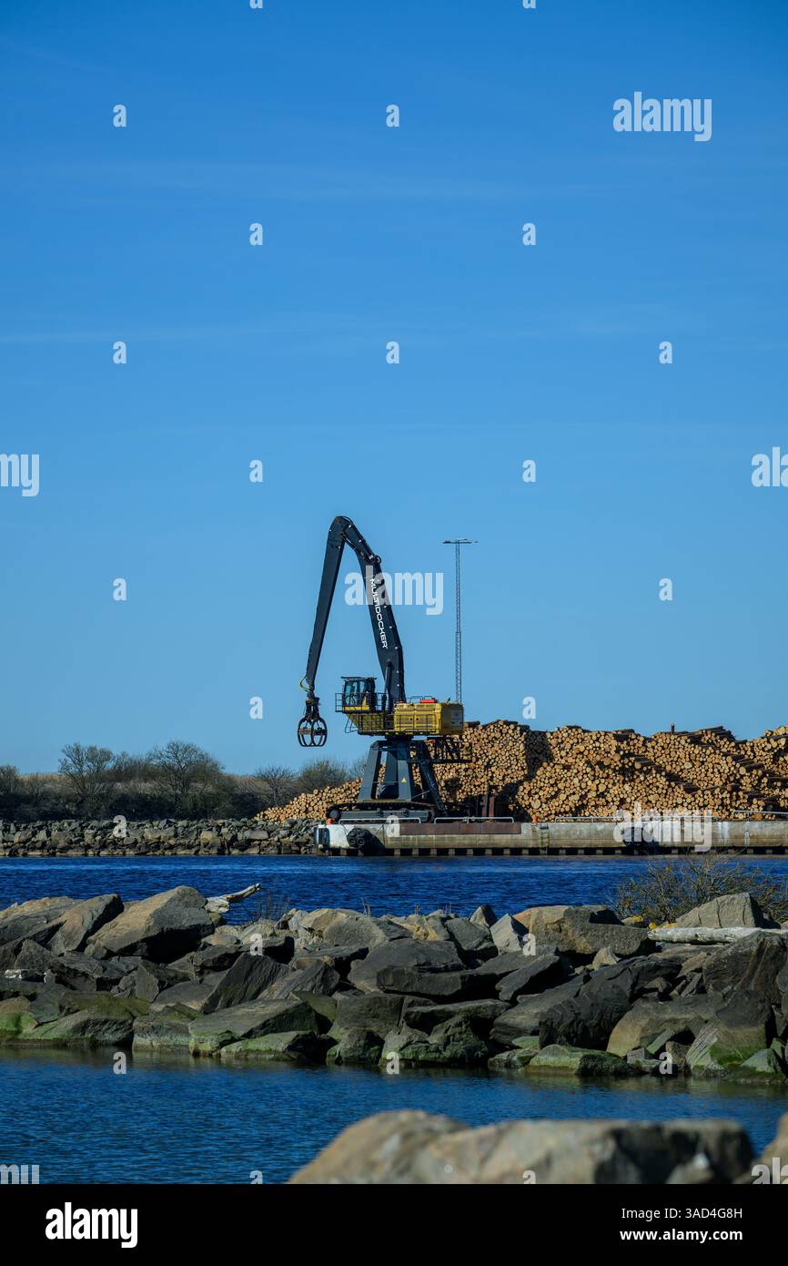 Una grande gru solleva e trasporta tronchi in un cantiere di legno vicino all'acqua sotto un cielo azzurro. L'attività industriale evidenzia il funzionamento del legname in corso Foto Stock