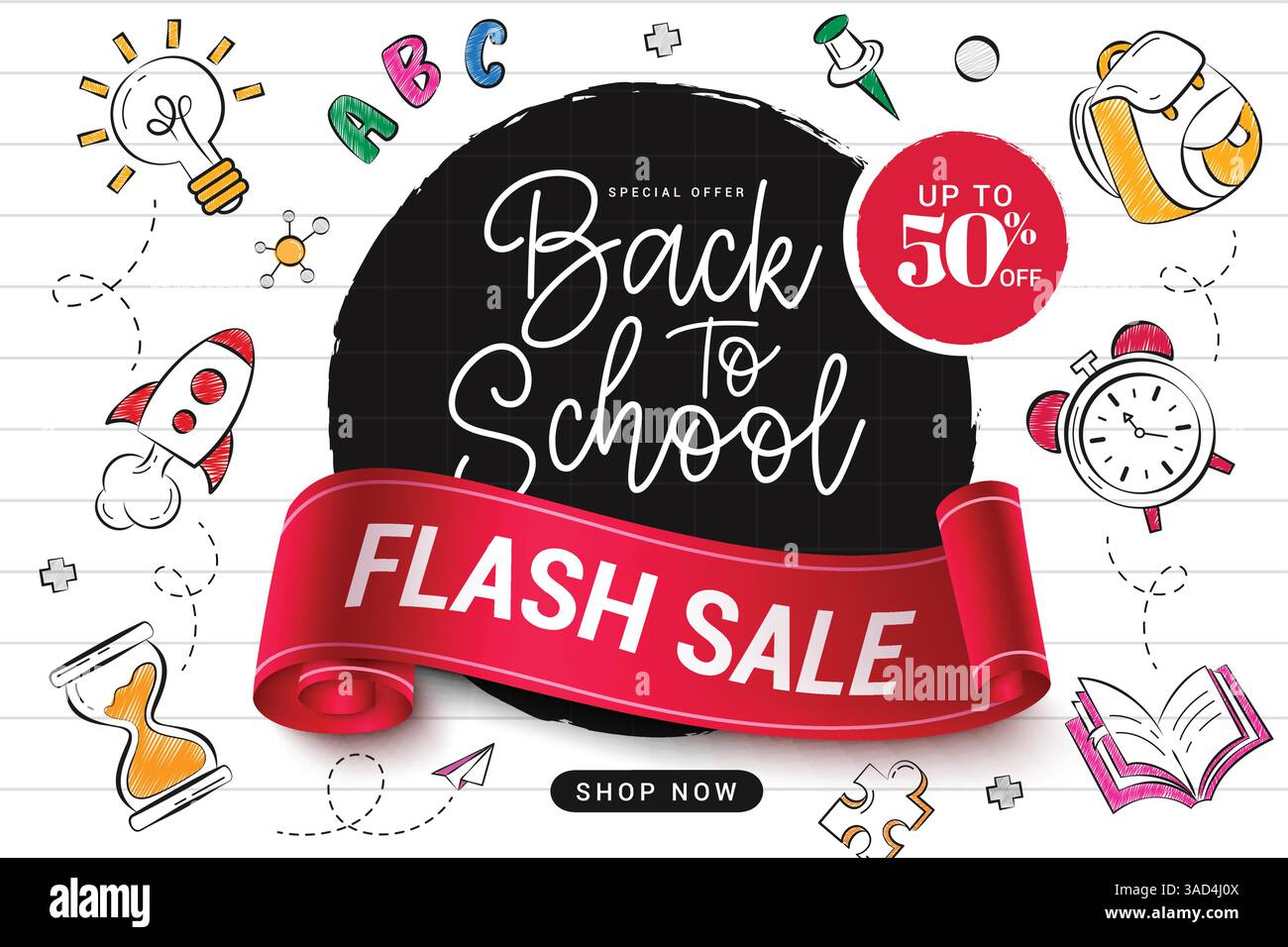 Presentazione della vendita flash Back to School. Offerta scolastica sconto del 50% sull'offerta speciale per i negozi di clip art in cerchio nero e spazio di carta Illustrazione Vettoriale