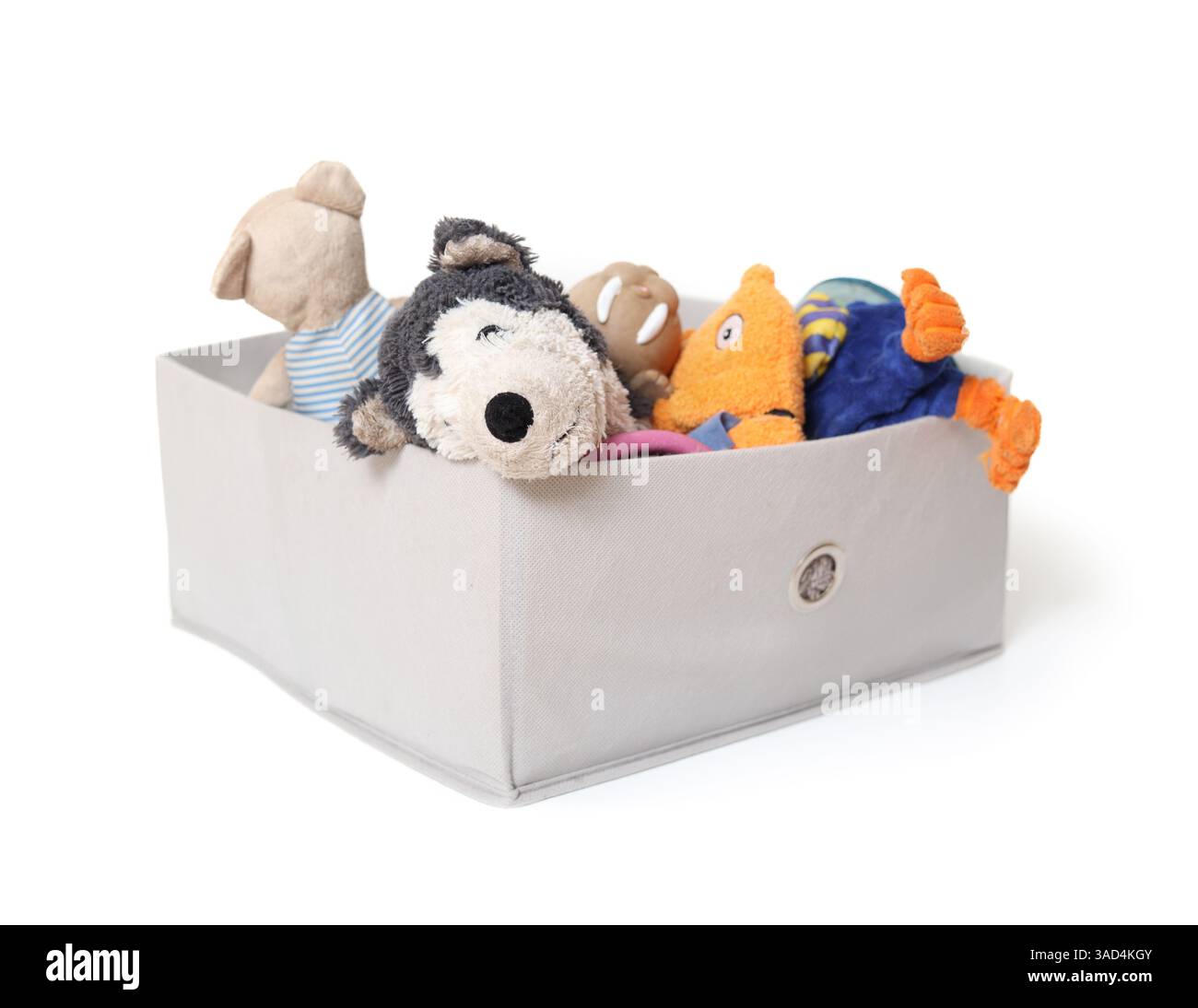 Giocattoli per cani nel contenitore. Scatola di giocattoli isolata per animali domestici. Ampia scelta di peluche e peluche per cani di piccole e medie dimensioni. Arricchimento comportamentale o. Foto Stock