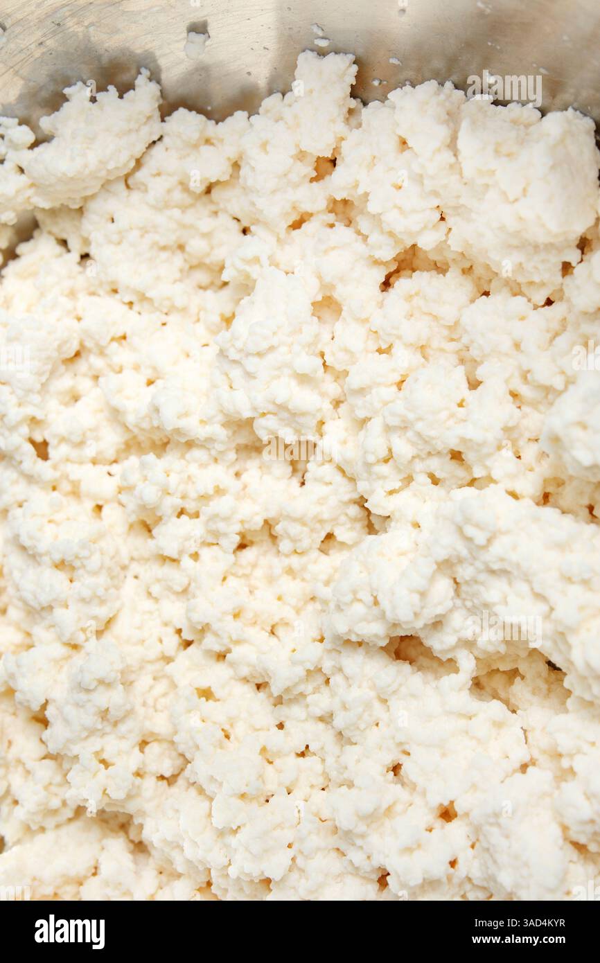 Vista dall'alto del formaggio fresco. Consistenza della cagliata di formaggio fatta in casa. Ricetta fai da te con latte e limone. Elevato contenuto di proteine e calcio. Messa a fuoco selettiva. Foto Stock