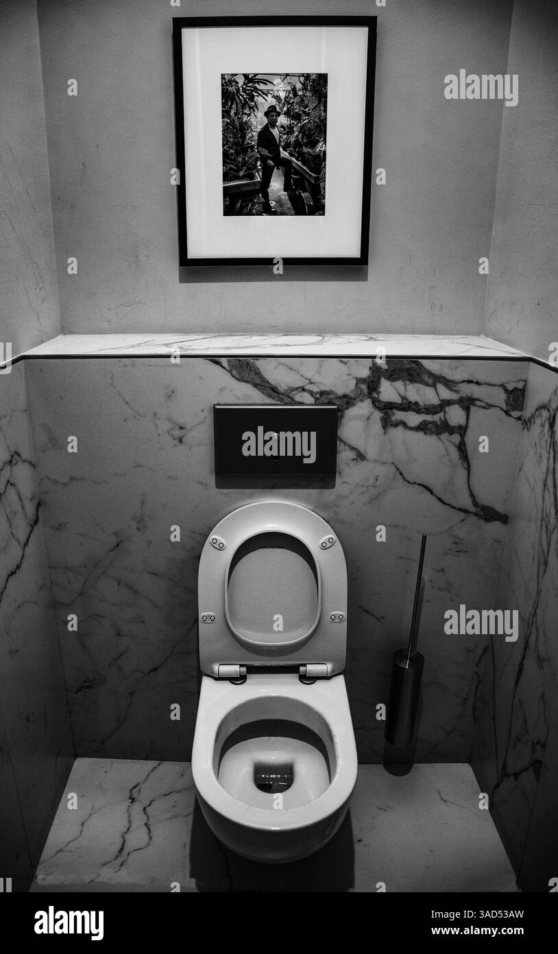 Tipico ristorante italiano, bagno con WC, interni piastrellati puliti, design moderno, spazio funzionale Foto Stock