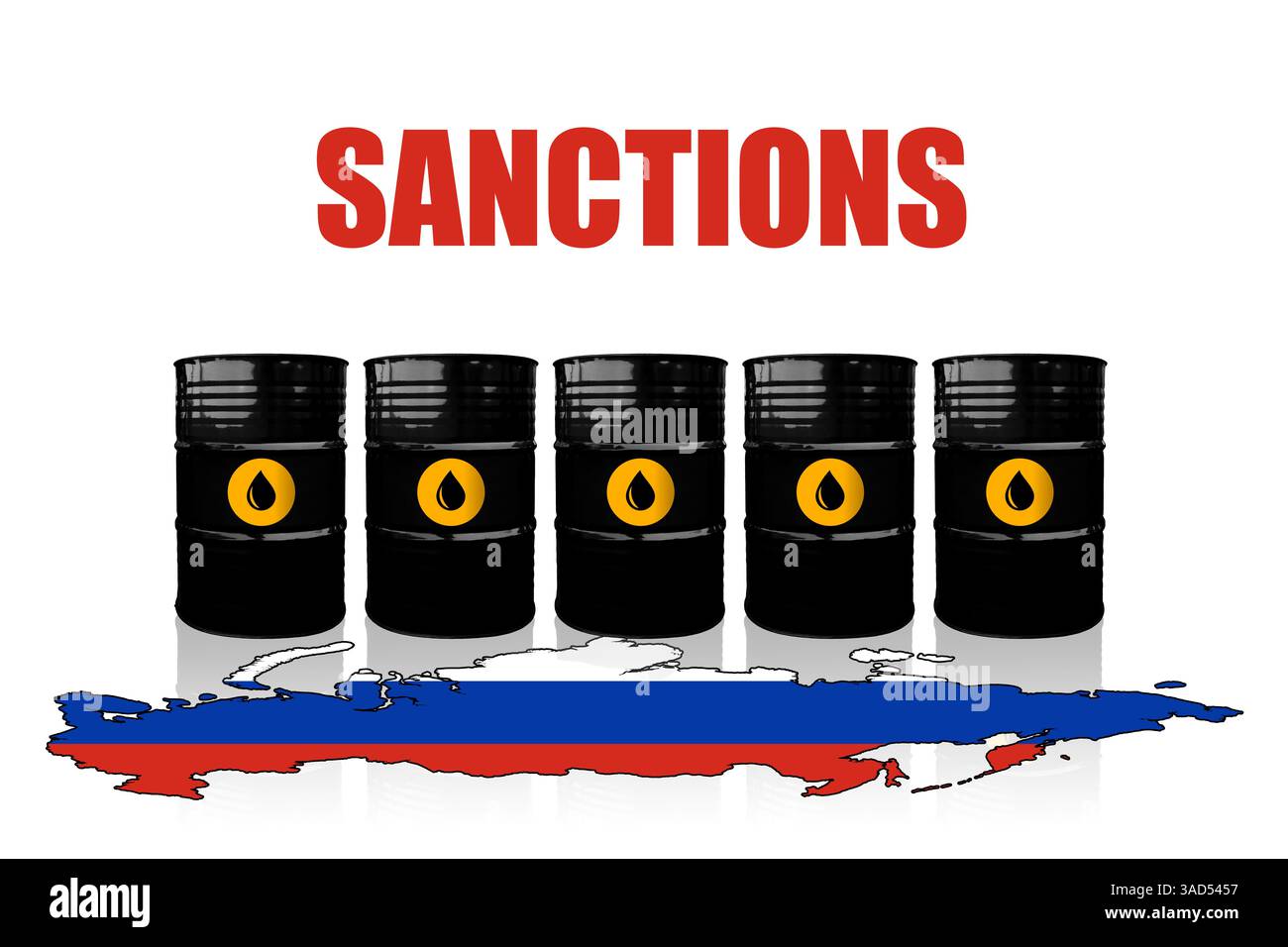 Barili di petrolio greggio russi su una mappa della Russia. Tariffe, sanzioni e embargo per la Russia Foto Stock