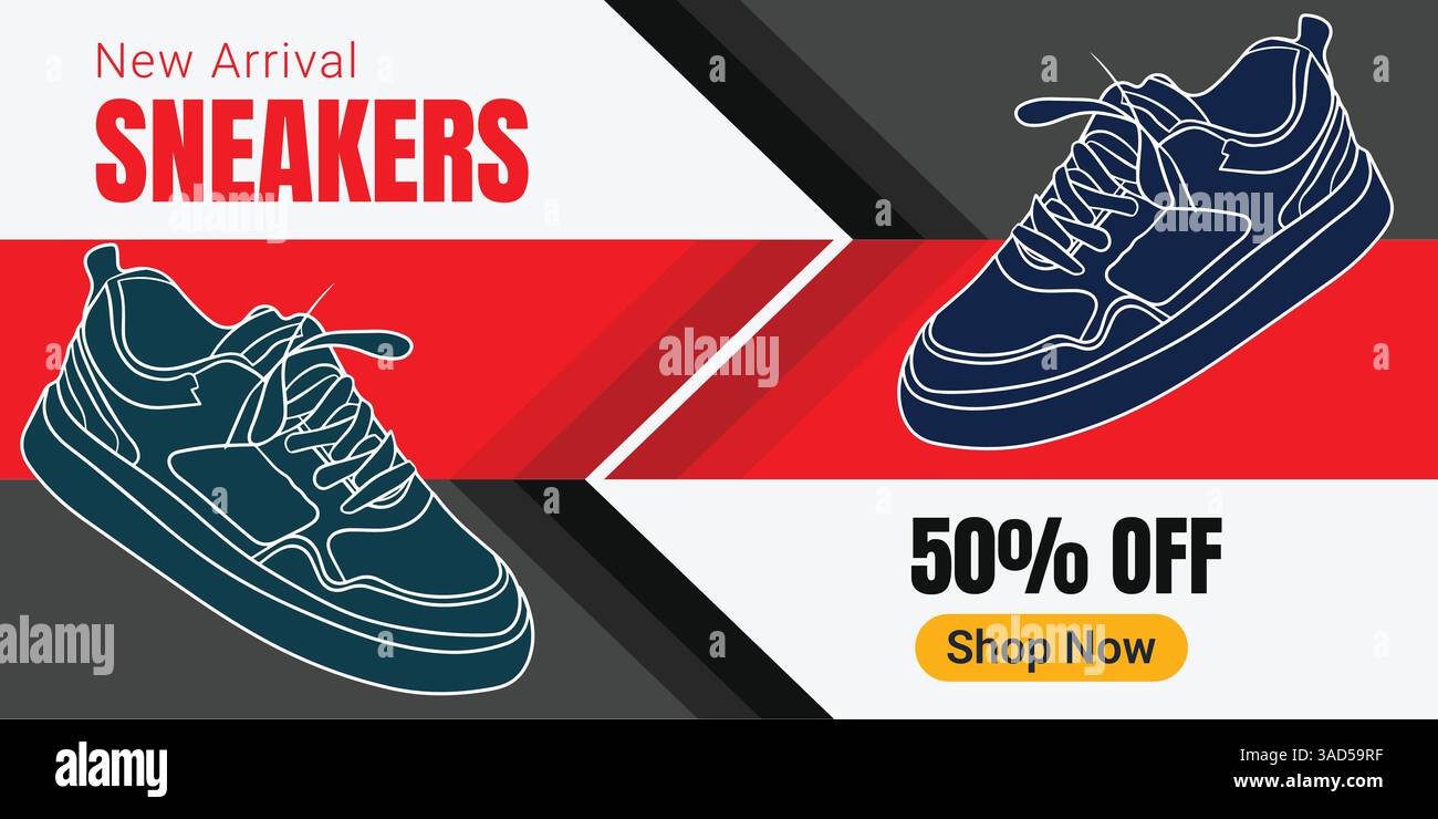Banner creativo per il marchio di sneaker. Sneakers in background astratto. Banner di vendita scarpe per post sui social media. Scarpa in vendita per l'e-commerce Illustrazione Vettoriale