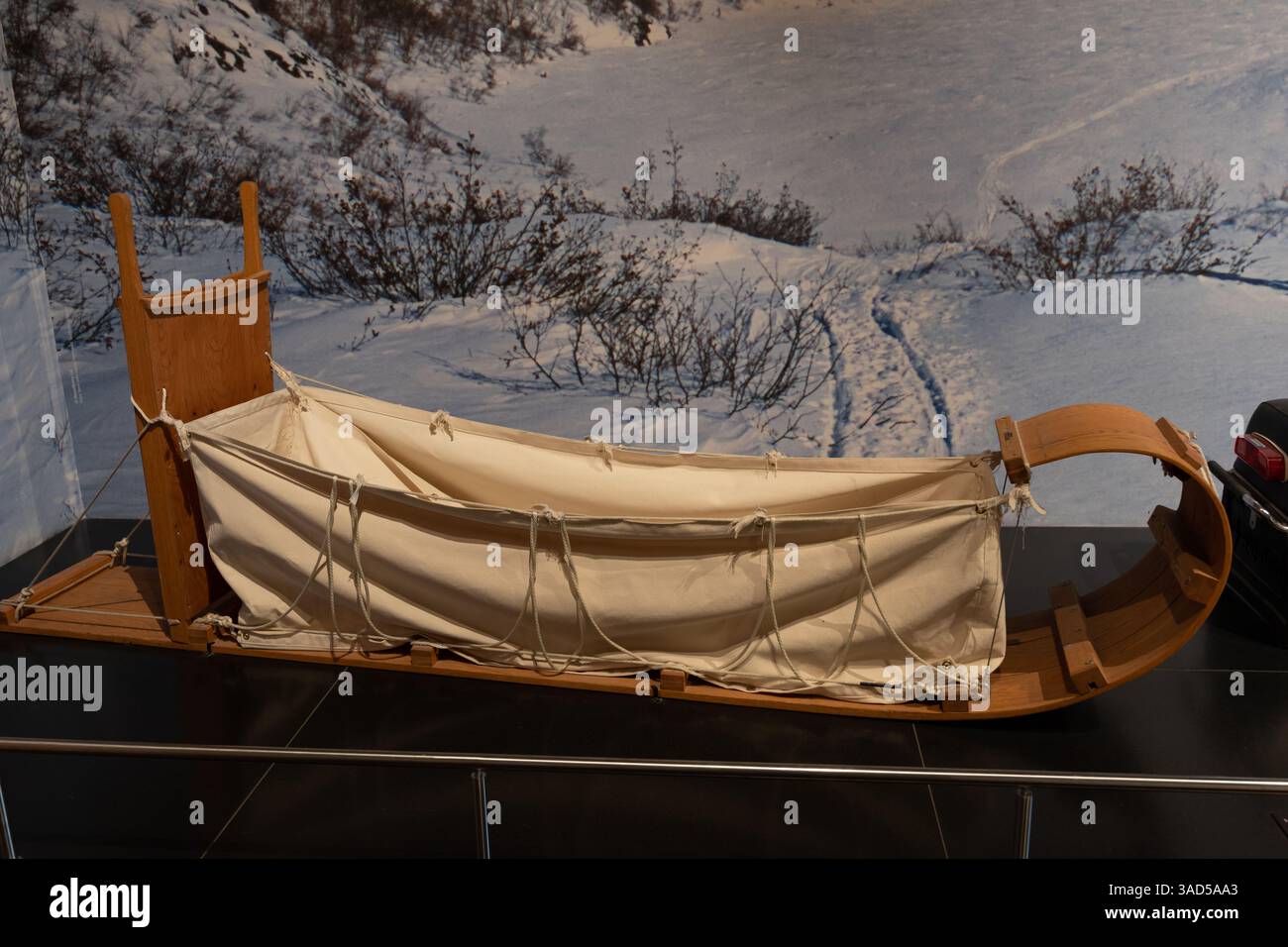 Slitta tradizionale completamente equipaggiata dalla Northern Toboggan Co, mostra al National Museum of Scotland di Edimburgo, Scozia, Regno Unito. Foto Stock