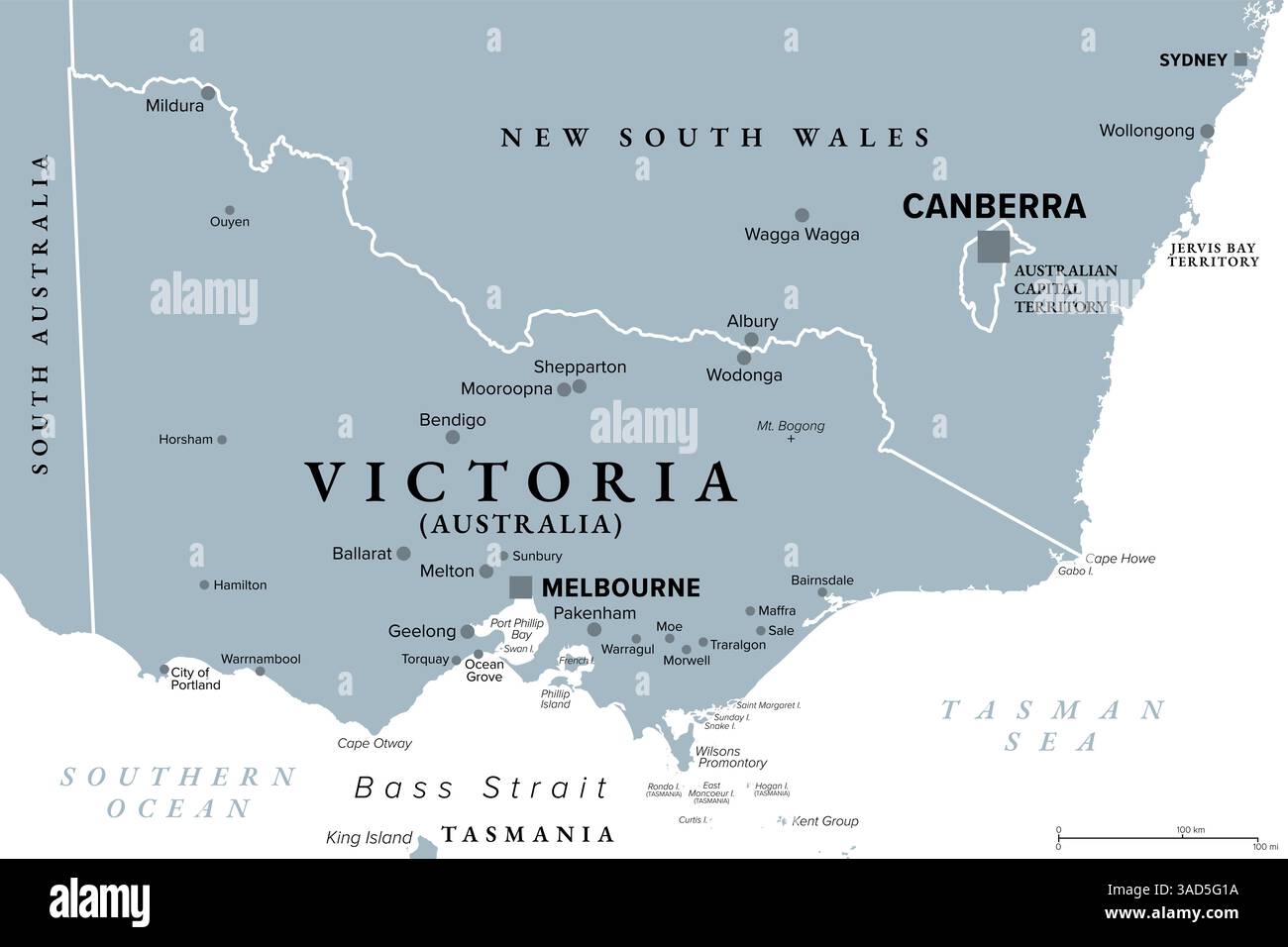 Victoria, uno stato nel sud-est dell'Australia, mappa politica grigia con la capitale Melbourne. Comunemente abbreviato Vic. Foto Stock