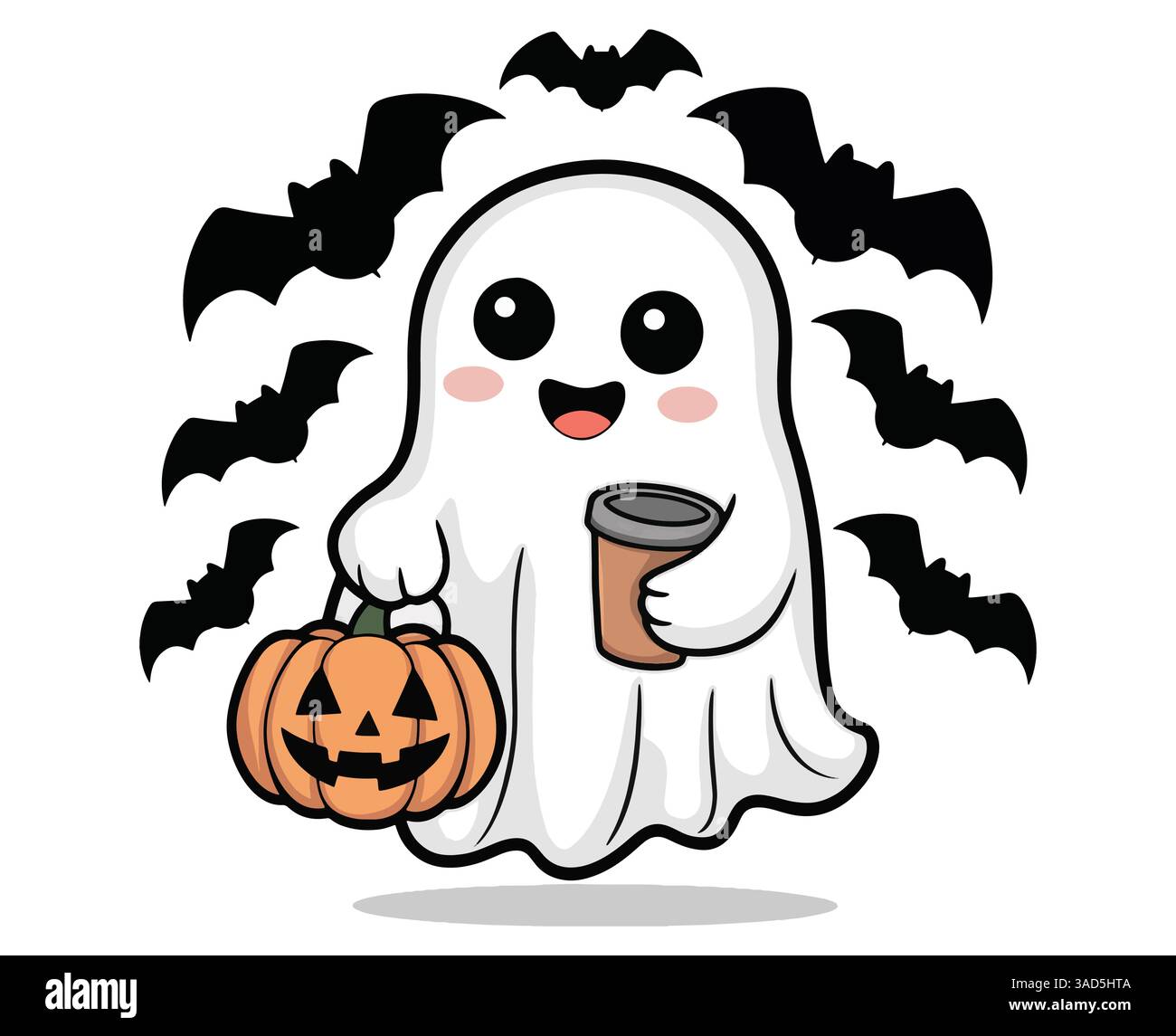 Il fantasma Kawaii beve caffè. Carino personaggio spettrale dei cartoni animati perfetto per i disegni di Halloween felici. Illustrazione vettoriale ideale per progetti festivi e divertenti Illustrazione Vettoriale