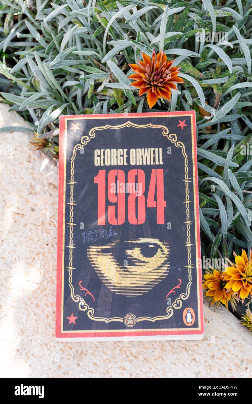 Primo piano del famoso romanzo distopico di fantascienza sociale 1984 di George Orwell in the Garden. Foto Stock