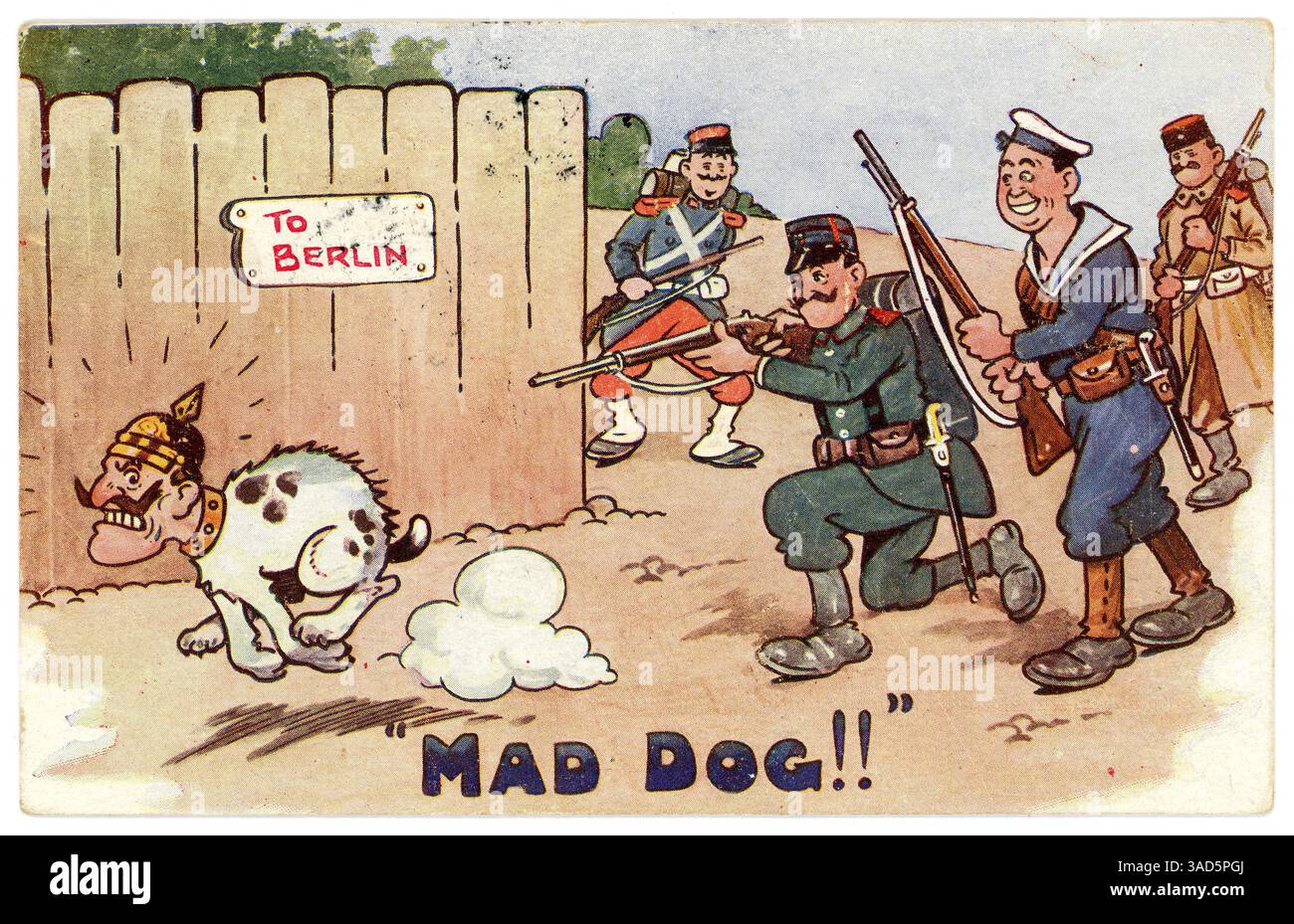 Cartolina di propaganda anti-Kaiser dell'epoca della prima Guerra Mondiale. Il Kaiser Guglielmo II fu l'ultimo imperatore tedesco e re di Prussia - degli stati dell'Impero tedesco. Qui gli Alleati (Francia, Gran Bretagna e Russia) vengono in aiuto del Belgio mentre un soldato belga tenta di respingere un cane pazzo nella caricatura di Kaiser, sparandogli e rimandandolo a Berlino. La Gran Bretagna è venuta con riluttanza in aiuto del Belgio (vedi espressione sul volto del soldato!). La Germania invase il Belgio nell'agosto 1914. Cartolina datata/pubblicata nel 1914. Pubblicato da H.B. 53a Aldersgate St. London, Regno Unito Foto Stock