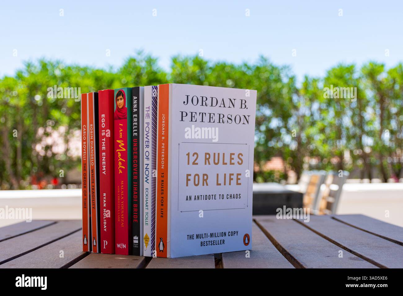 Pile di libri di saggistica popolari su un tavolo di legno all'aperto sotto un cielo blu. Foto Stock