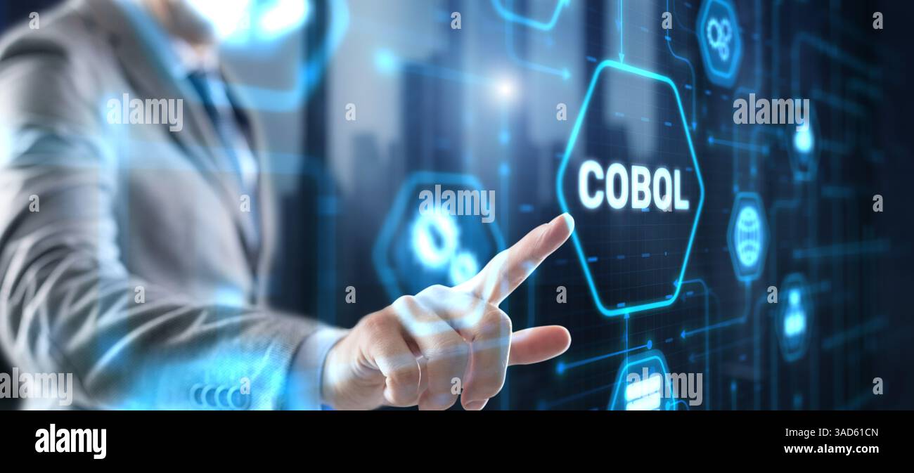 COBOL. Linguaggio orientato alle aziende comune. Linguaggio di programmazione per computer progettato per l'uso aziendale. Foto Stock