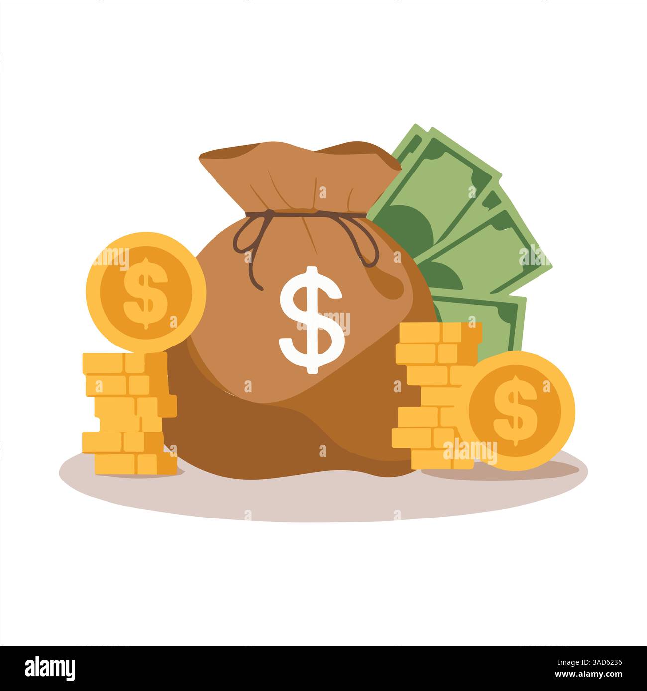 Sacco di denaro, monete da dollari e banconote in formato piatto. Illustrazione vettoriale che rappresenta il budget, gli utili degli investimenti, i proventi o le attività, ideale per la gestione finanziaria Illustrazione Vettoriale