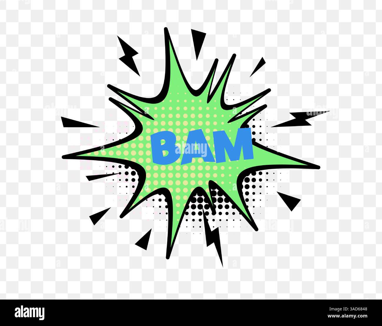 Testo BAM in stile comico in Green Starburst con punti mezzitoni e carattere blu, perfetto per effetti d'azione, disegni Pop Art o grafica esplosiva divertente. Audace Illustrazione Vettoriale