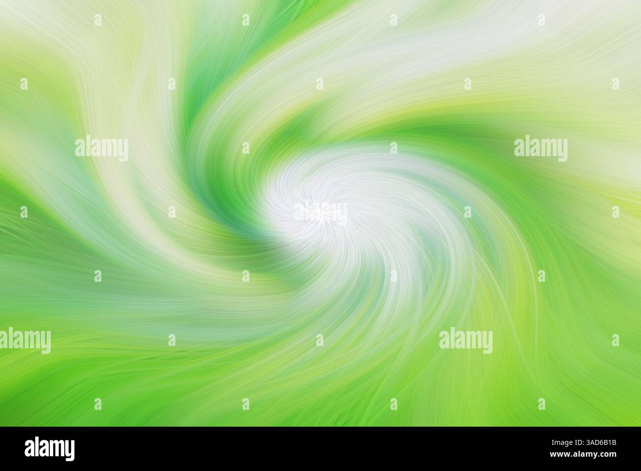 Un'immagine astratta vibrante con un vortice vorticoso di sfumature verde chiaro e bianche che emettono da un punto centrale. I colori si fondono e si intrecciano Foto Stock