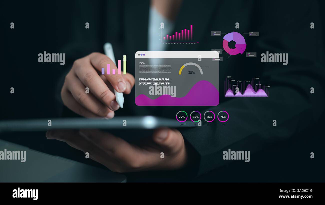 Analisi dei dati aziendali con grafici, KPI per migliorare le prestazioni dell'organizzazione, i dipendenti aziendali utilizzano i computer per analizzare le attività aziendali e gestire i dati aziendali Foto Stock