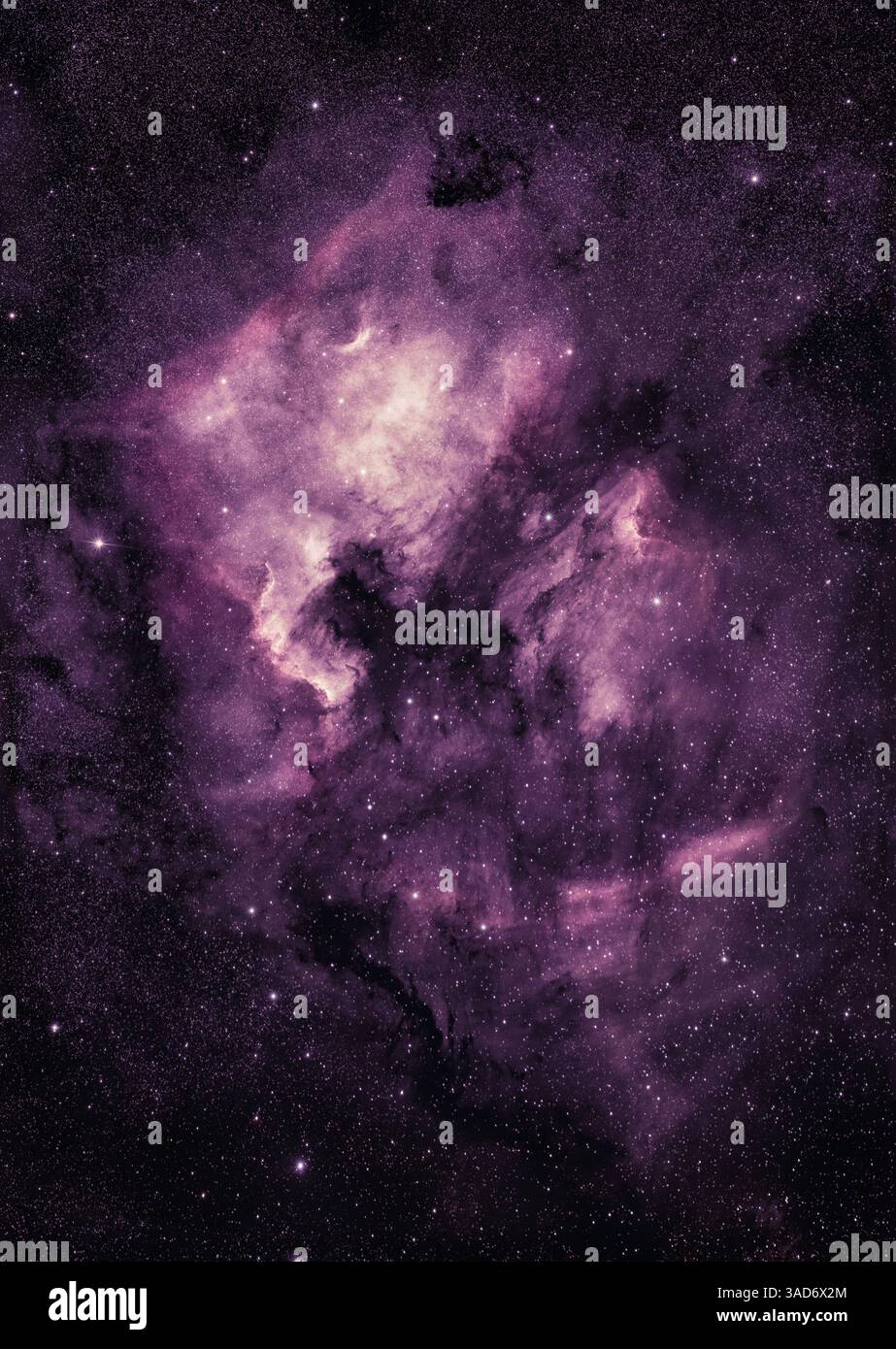 Astrofotografia nello spazio profondo della "Nebula nordamericana". La bellezza dell'universo in una maestosa scena cosmica viola nella galassia della via Lattea Foto Stock