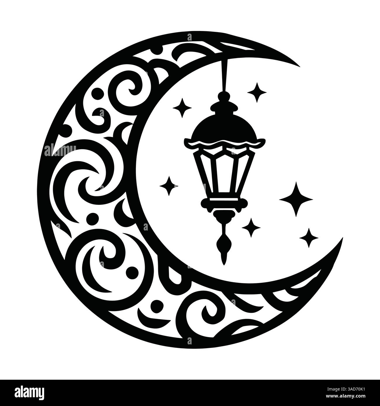 Design Ramadan Kareem con una mezzaluna e lanterne sospese. Elegante decorazione islamica per i saluti festivi. Illustrazione vettoriale piatta isolata o Illustrazione Vettoriale