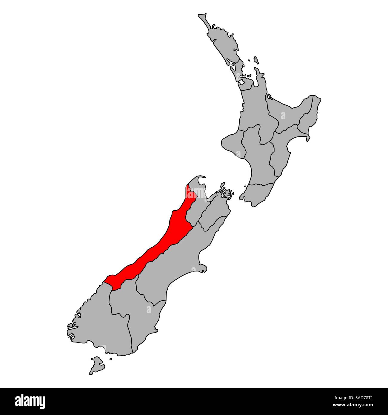 Forma della mappa della costa occidentale della nuova zelanda, icona del concetto piatto del web di viaggio illustrazione vettoriale . Illustrazione Vettoriale