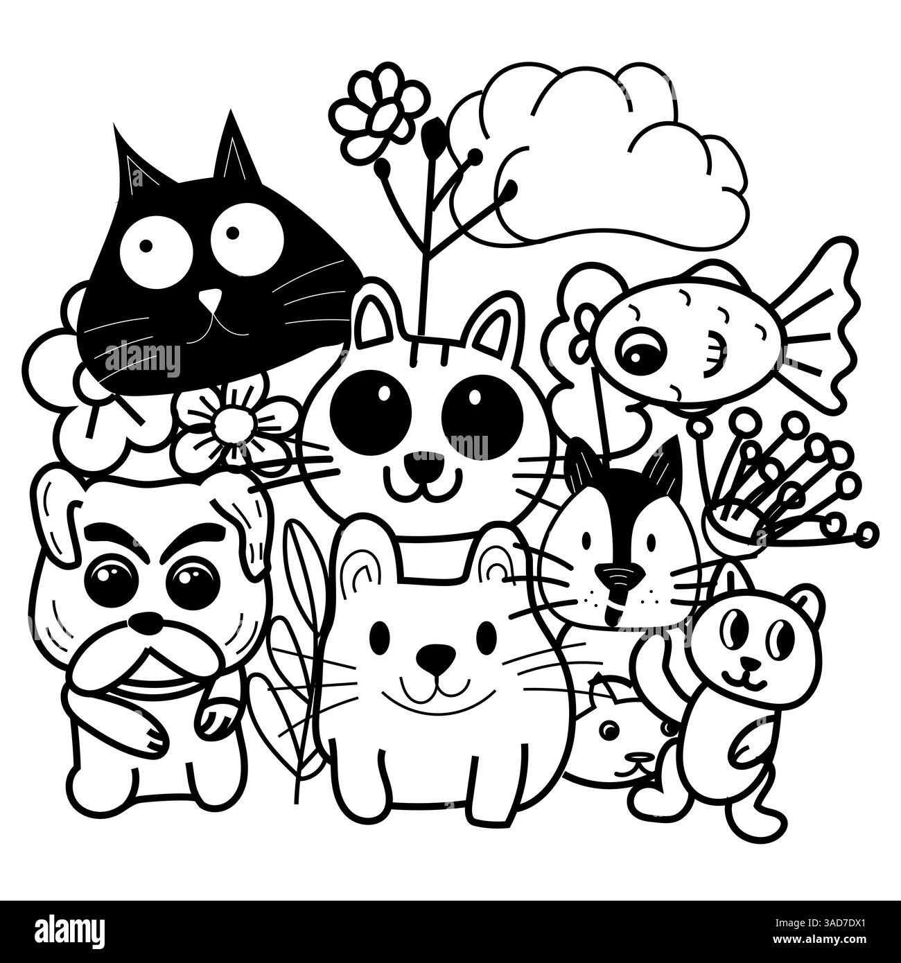 Pagina da colorare per bambini con animali domestici, libro da colorare per gatto, cane, pesce, illustrazione floreale piatta Illustrazione Vettoriale