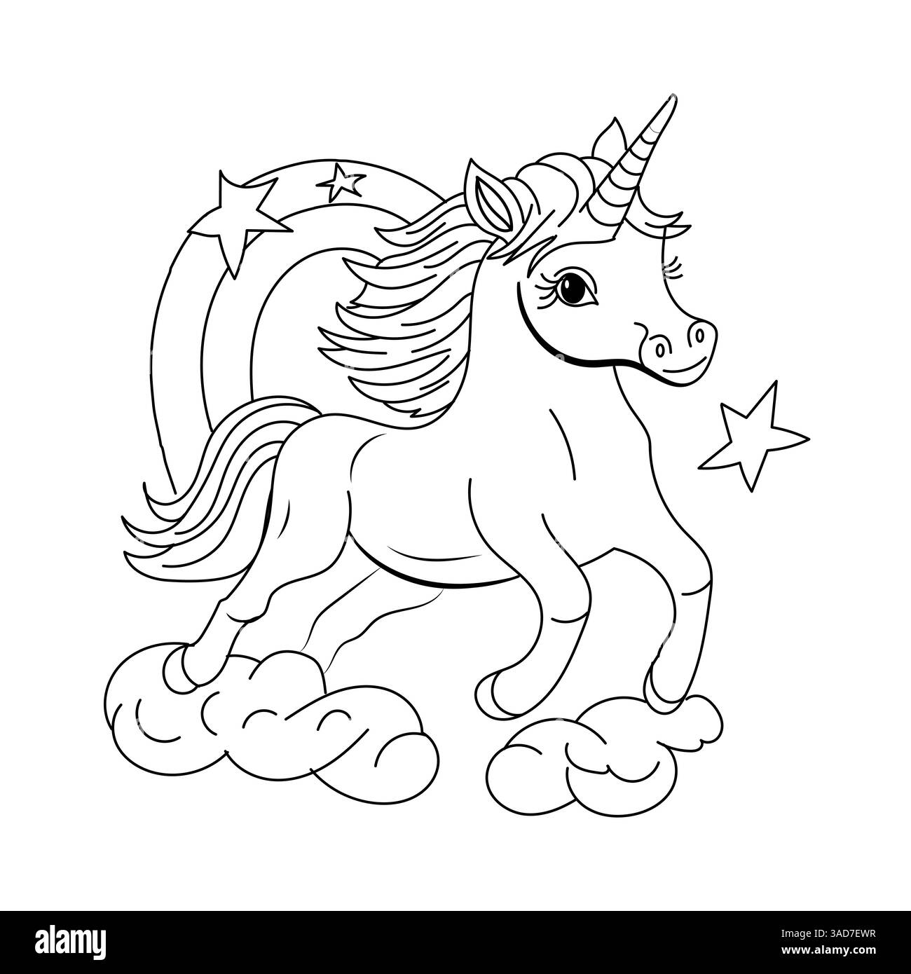 Libro da colorare Unicorn line per bambini, pagina da colorare per animali da favola per bambini, scarabocchietto Illustrazione Vettoriale