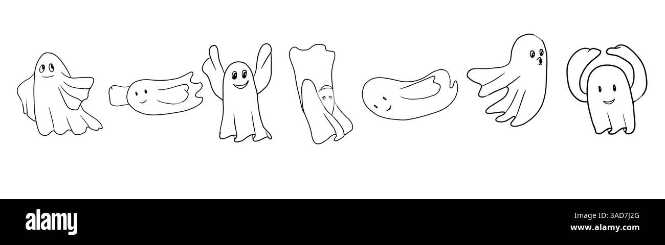 Serie di fantasmi di linea isolati. Design piatto per halloween Illustrazione Vettoriale